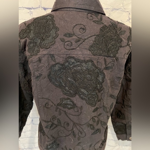 Laura Ashley Black Jean Denim Beaded Embroidered Jacket Cotton Size PM - Picture 6 of 8
